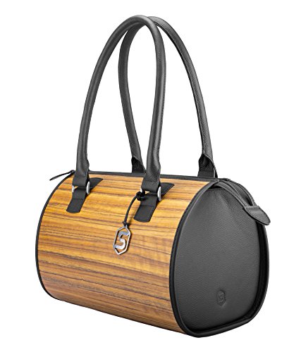 Sebastian Sturm Bolso de mano CARMEN | Fabricado con madera auténtica tipo roble ahumado o amazaque y cuero de ternera | Mujer Cartera Marrón Negro | By Negro (Amazaque)