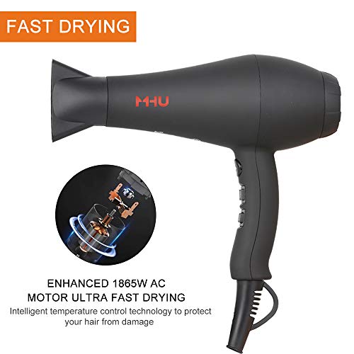 Secador de pelo profesional con tecnología, Secador Iónico motor AC 1875W silencioso, secador de pelo con difusor concentrador, 2 velocidades, 3 configuraciones de calor, aire frío, negro