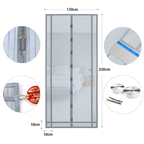 Sekey 220x130 cm magnético cortina para protección contra insectos, magnético Mosquitera para puerta para balcón, sótano Puerta, terrazas para puerta (se puede cortar en altura y ancho), Gris