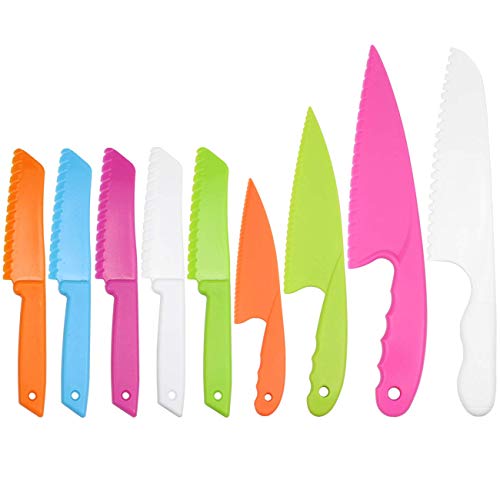 SelfTek 9 cuchillos de cocina de plástico para niños y chef, cuchillo de nailon corlorful cuchillos de cocina para hornear, fruta, pan, tarta, lechuga, ensalada