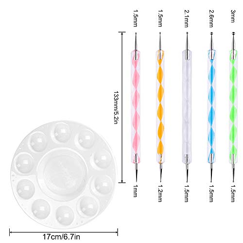 Senhai 15 piezas Herramientas de puntos Y 2 piezas Paletas redondas, Estiletes de bolas Manicura Belleza Dot Pen Herramienta Bandeja de pintura Kits para cerámica Arcilla Modelado Realce Uña Art º