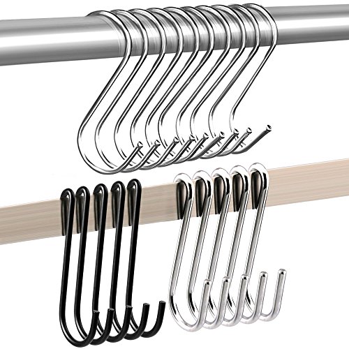 SENHAI 30 piezas de ganchos en forma de S para colgar ollas y cucharas en la cocina, cuarto de baño, oficina, 10 piezas de 3,6 pulgadas + 20 piezas de 2,7 pulgadas – negro, plata