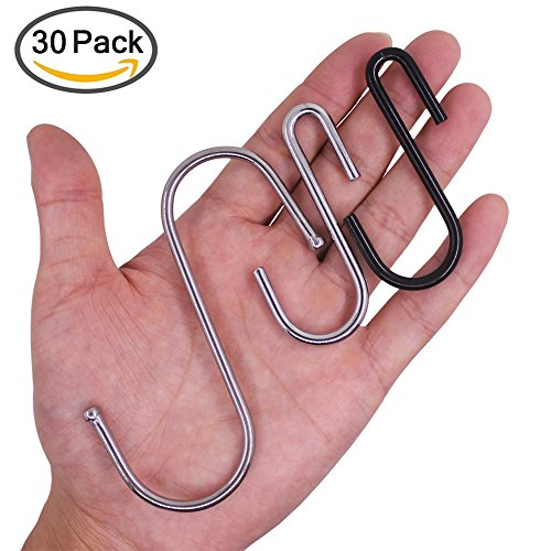 SENHAI 30 piezas de ganchos en forma de S para colgar ollas y cucharas en la cocina, cuarto de baño, oficina, 10 piezas de 3,6 pulgadas + 20 piezas de 2,7 pulgadas – negro, plata