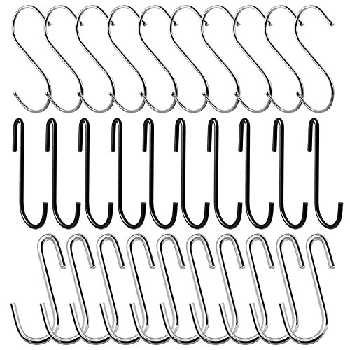 SENHAI 30 piezas de ganchos en forma de S para colgar ollas y cucharas en la cocina, cuarto de baño, oficina, 10 piezas de 3,6 pulgadas + 20 piezas de 2,7 pulgadas – negro, plata