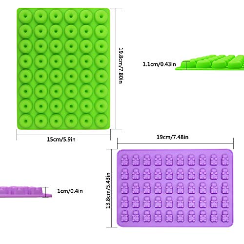 SENHAI 4 paquetes Moldes de silicona para caramelos y moldes pequeños para donuts, 50 cavidades de osito de goma para caramelos,48 cavidades para gomitas, bandeja para cubitos de hielo, gelatina