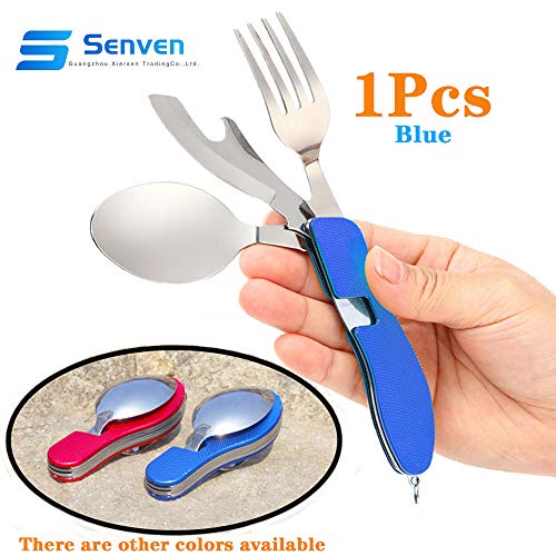 Senven® 4-en-1 Cubiertos Plegables, Vajilla Portátil de Acero Inoxidable para Camping, Vajilla Plegable Desmontable, Incluye Cuchillo, Tenedor, Cuchara y Abridor –– Azul