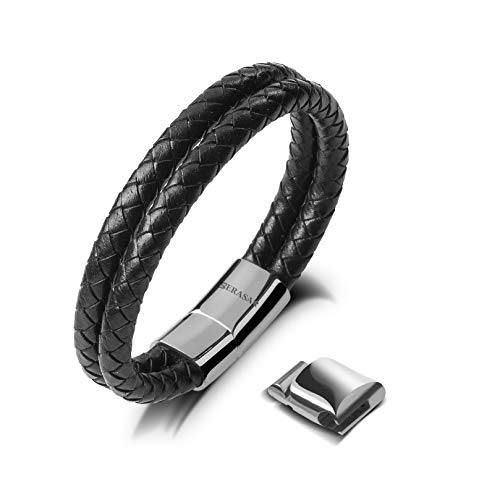 SERASAR 20cm Plata Pulsera de Cuero Hombre Chico Pulseras Hombres Brazalete Brazaletes Pulso Muñequera Muñequeras Bisuteria Bisutería Joyeria Nudos Cuerda Cuerdas Bracelet Men Jewellery Unisex Ancha