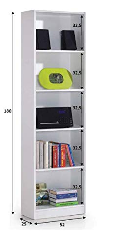 SERMAHOME- Estantería, Librería, Biblioteca con 5 Compartimentos. Color Blanco. Medidas: 52 cm Ancho, 180 cm Alto, 25 cm Fondo.