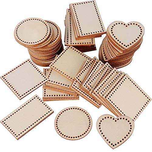 SERWOO 100pcs Discos Madera Rebanadas Redonda Cuadrado Corazón Rectángulo para Manualidades Pintar Artesanías DIY Bricolaje Decoraciones Adornos de Navidad Boda Fiesta Hogar 4 Patrones Mixtos