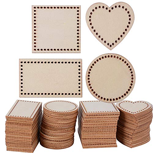 SERWOO 100pcs Discos Madera Rebanadas Redonda Cuadrado Corazón Rectángulo para Manualidades Pintar Artesanías DIY Bricolaje Decoraciones Adornos de Navidad Boda Fiesta Hogar 4 Patrones Mixtos