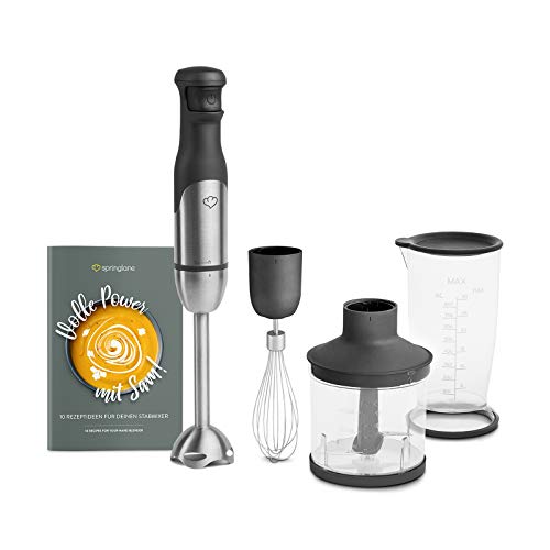 Set batidora de mano de acero inoxidable 800W Modelo SAM - Procesador de alimentos 3 en 1 - Minipimer con Batidor - Picadora - Taza medidora con tapa - Cuaderno de recetas y Bolsa de almacenaje