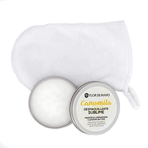 Set Crema Desmaquillante Ojos y Cara de Camomila, Manteca de Karité, Aceite de Oliva y de Almendras Dulces 90ml y Manopla Toallita Microfibra Reutilizable