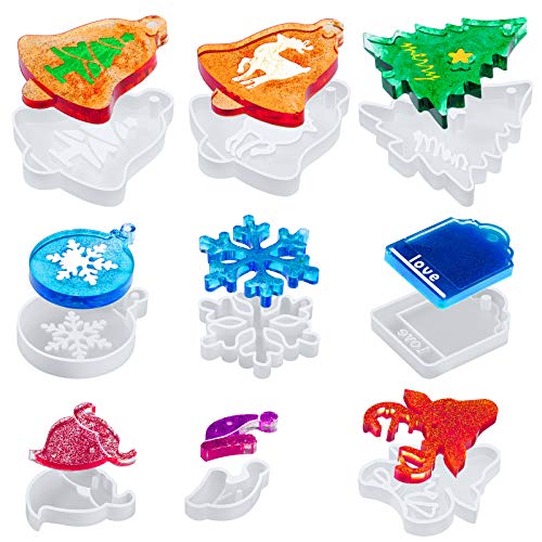 Set de 9 Moldes de Resina Silicona con Tema Navideño Molde de Fundición de Copo de Nieve DIY Molde Artesanal de Epoxi de Campana Molde Colgante de Sombrero de Papá Noel para Manualidades DIY Navidad