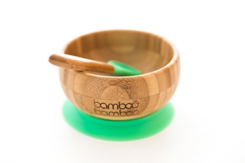 Set de Bowl adherente y cuchara para bebé en combinación, Bowl que no se despega de la mesa al comer, Bambú natural (Verde)