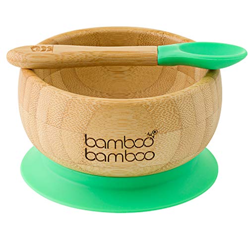 Set de Bowl adherente y cuchara para bebé en combinación, Bowl que no se despega de la mesa al comer, Bambú natural (Verde)