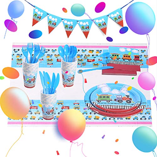 Set de Vajilla de Fiesta de Cumpleaños Infantil,92 pcs Camión de Bomberos Juego de Cubiertos Desechables Niños de Decoración de Fiesta de Cumpleaños-Pancarta,Platos,Servilletas y Mantel-10 Invitados