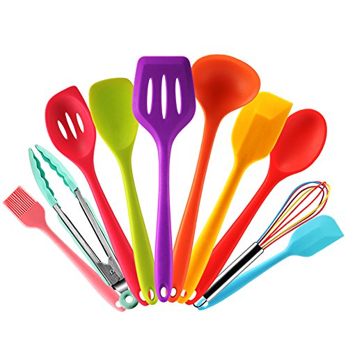 Set utensilios de cocina silicona de colores con Espátula,Cuchara,Cucharon,Espumadera,Batidor de Varillas,Pinzas Pincel de Cocina, 10 piezas Resistente al Calor