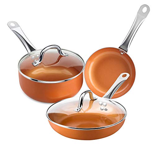 SHINEURI Juego de 5 sartenes y ollas antiadherentes de cobre – Sartén de 8 pulgadas, cazo de 1.5 qt y sartén de 2.5 qt – apto para inducción, gas, eléctrica y estufas 5 PCS - 2 Fry Pans cobre