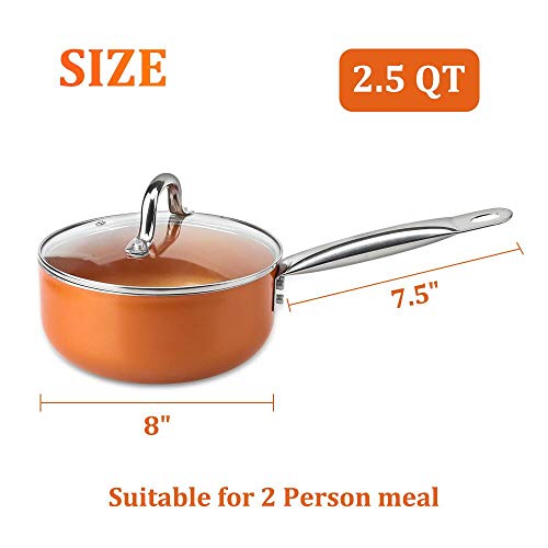 SHINEURI Juego de 5 sartenes y ollas antiadherentes de cobre – Sartén de 8 pulgadas, cazo de 1.5 qt y sartén de 2.5 qt – apto para inducción, gas, eléctrica y estufas 5 PCS - 2 Fry Pans cobre