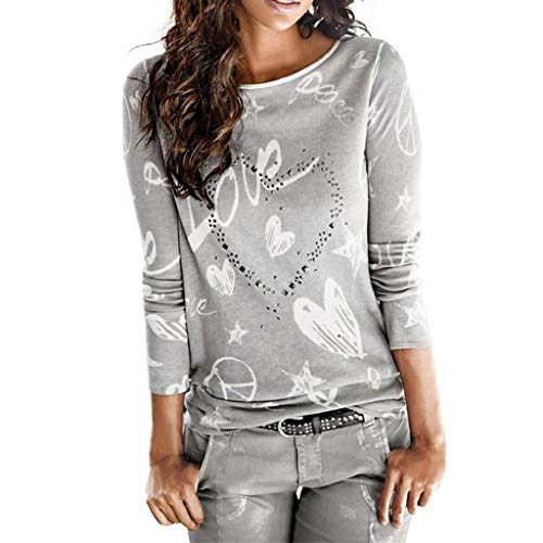 SHOBDW Mujeres Camiseta de Manga Larga con Cuello Redondo y Camisa Impresa Moda Casual Primavera Otoño Blusa Algodón Suelto Tops Sudadera Pullover Camiseta Elegante(Gris,L)