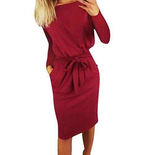 SHOBDW Mujeres de Manga Larga sólido Arco Casual Bolsillo Elegante Verano Ladies Club Fiesta de Noche Mini Vestido(Vino Rojo,XL)