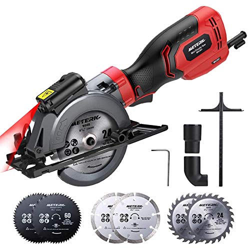 Sierra Circular 750W Meterk 3500RPM Mini Sierra Circular guía láser Capacidad de corte de 48 mm (90 °), 32 mm (45 °) ，6 cuchillas (115 mm y 125 mm)，Cortar Azulejos, Cemento, Madera y Metal Blando