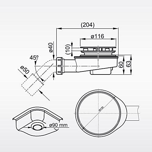 Sifón para plato de ducha | Nordona® VersoFlat | Altura: 60 mm |Válvula de desagüe, horizontal | el sifón de diámetro ø 90 mm | inclusio colector de pelo y conector flexible | Tapa: Cromo