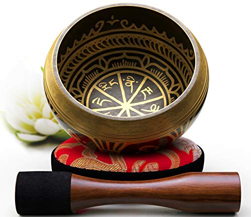 Silent Mind ~ Juego De Cuencos Tibetanos ~ Diseño Antiguo ~ Con Mazo De Superficie Doble Y Cojín De Seda ~ Promueve La Paz, La Curación De Chakras Y La Atención Plena ~ Un Regalo Exquisito