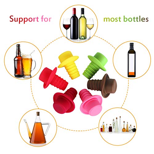 Silicona tapón para botella de vino con tapones de corcho, con Set de 6 Rainbow Colored Fits para sellar y preservar su vino favorito