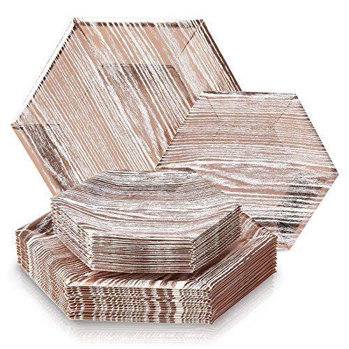 Silver Spoons VAJILLA PARA FIESTAS DESECHABLE DE 36 PIEZAS | 18 platos grandes | 18 platos para ensalada o postre | Diseño de madera hexagonal | Para bodas y comidas de lujo (Wood – Blanco/Rosado)