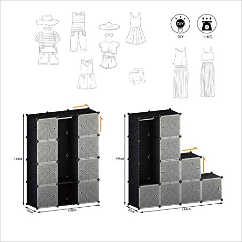 SIMPDIY Armario sistematizado, 12+2 cubo plegable o colgante, armario almacenamiento gran capacidad estilo familiar para las prendas vestir, con puerta antipolvo armario almacenamiento ropa dormitorio