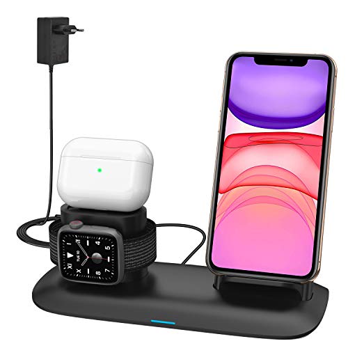 SIMPFUN Cargador Inalámbrico, 3 en 1 Estación de Carga Rápida Qi Soporte de Carga para Apple iWatch Series 3/2/1, AirPods 2, iPhone 11/XS/XR/8, Samsung S9/S8 & Todos Qi Dispositivos Habilitados