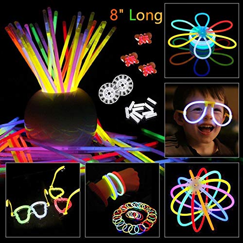 SIMUER Barras Luminosas, Pack de 100 Pulseras Fluorescentes Glow Pack Multicolor, Glow Sticks Varitas Luminosas para Fiestas -8" Collares, Kits para Crear Gafas