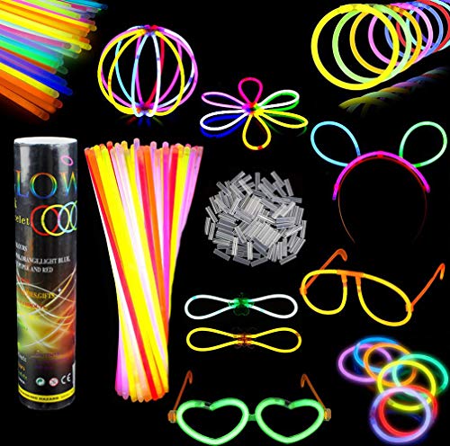 SIMUER Barras Luminosas, Pack de 100 Pulseras Fluorescentes Glow Pack Multicolor, Glow Sticks Varitas Luminosas para Fiestas -8" Collares, Kits para Crear Gafas