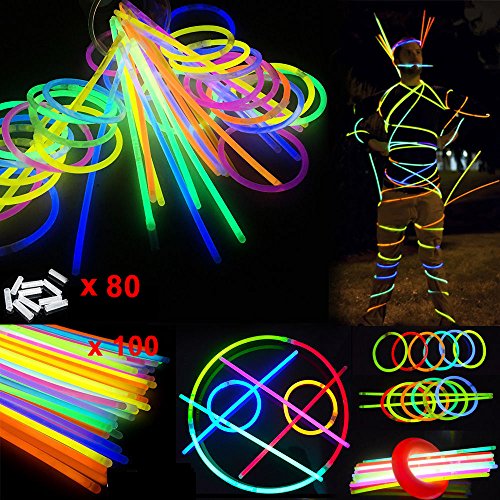 SIMUER Barras Luminosas, Pack de 100 Pulseras Fluorescentes Glow Pack Multicolor, Glow Sticks Varitas Luminosas para Fiestas -8" Collares, Kits para Crear Gafas