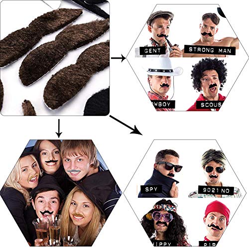 SIMUER Bigotes Postizos Bigotes Autoadhesivos,60 Pack Juego de Bigotes Falsos para Disfraz, DIY Photo Booth Fancy Dress Falso Tash Accessorios para Boda, cumpleaños, graduación,Fiesta de Halloween