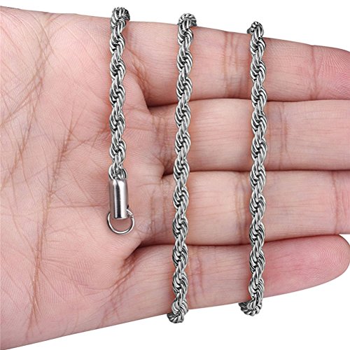 SINLEO Plata Twist Cuerda Cadena de Acero Inoxidable Collar para Hombres Mujeres 2 – 6 mm, 18 – 30 cm