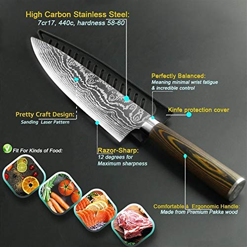 SJZS Cuchillos de Cocina de 8 Pulgadas Chef japonés 7Cr17 440C Gyuto Acero Inoxidable de Damasco Dibujo de Carnicero máquina de Cortar Santoku Juego de moldes (Color : 8inch Chef Knife)