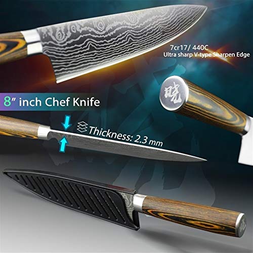 SJZS Cuchillos de Cocina de 8 Pulgadas Chef japonés 7Cr17 440C Gyuto Acero Inoxidable de Damasco Dibujo de Carnicero máquina de Cortar Santoku Juego de moldes (Color : 8inch Chef Knife)