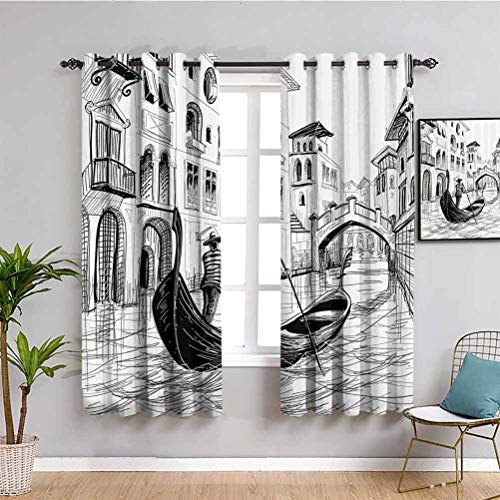 Sketchy Decor - Cortina de cocina con góndola en Venecia, europeo, famoso canal, historia mediterránea, imagen navideña, uso diario, color negro, blanco y negro, 52 x 163 pulgadas