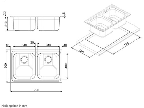 Smeg SP792-2 - Fregadero (Acero inoxidable, 2 senos, 340 x 400 mm, 21 cm, 340 x 400 mm, 21 cm)