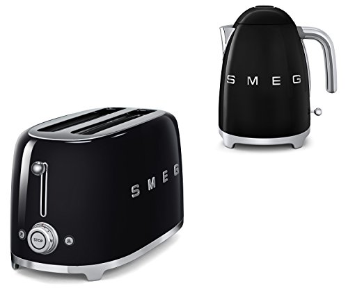 Smeg TSF02BLUK KLF11BLUK | 50s Retro Style 4 Slice Tostadora y hervidor de agua, color negro