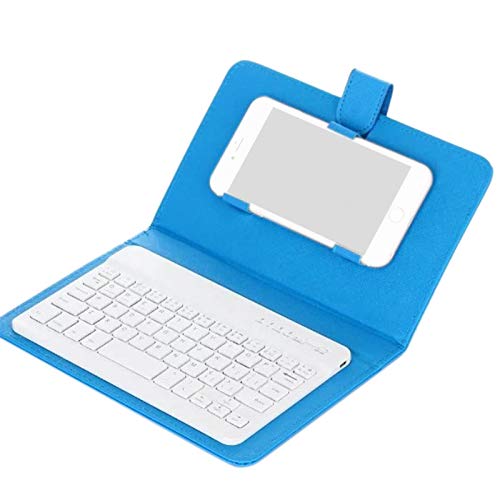 SODIAL Teclado Inalámbrico Bluetooth para Teléfono Móvil con Funda De Cuero PU Mini Inalámbrico Portátil Aluminio Ordenador Portátil Funda De Cuero - Azul