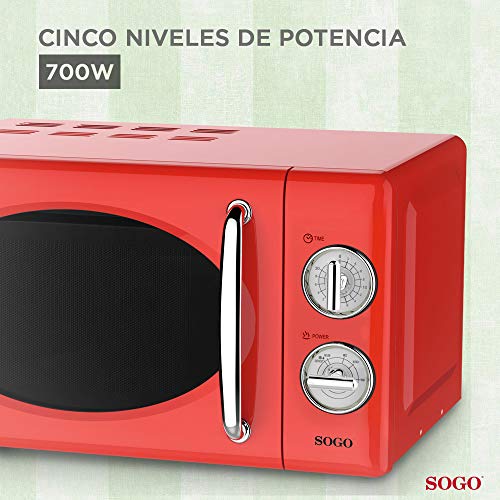 SOGO SS-890-R - Microondas Estilo Retro, Microondas Vintage con Capacidad de 20 Litros, 5 Potencias, 700 Watts - Color Rojo