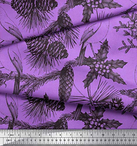 Soimoi Tela De Seda De Satén Morado Hojas De Acebo, Tela De Piña Y Estampado De Pájaros Robin Americano De Yard 42 Inch Wide