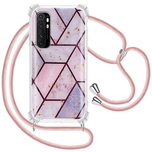 Solaxi-EU Funda con Cuerda para Xiaomi Mi Note 10 Lite, Mármol Carcasa TPU Suave Silicona con Colgante Ajustable Collar Correa Anti-Choque Anti-rasguños para Xiaomi Mi Note 10 Lite, Oro Rosa