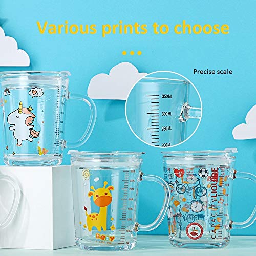 Soleiler Niño Taza Medidora Taza de Leche Vaso Taza de Escala para niños con Paja, 350 ml Taza de Agua de Vidrio para niños Impresión de Dibujos Animados a Prueba de Fugas (Unicornio)