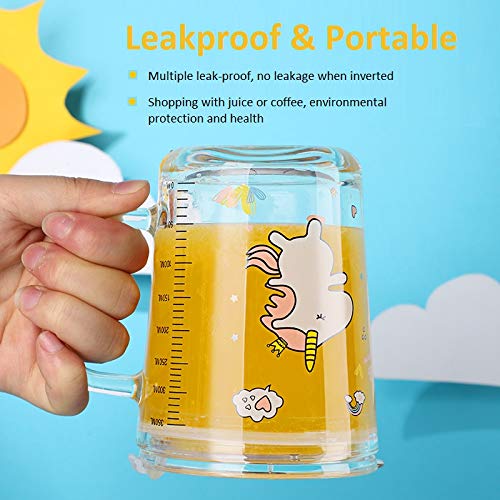 Soleiler Niño Taza Medidora Taza de Leche Vaso Taza de Escala para niños con Paja, 350 ml Taza de Agua de Vidrio para niños Impresión de Dibujos Animados a Prueba de Fugas (Unicornio)