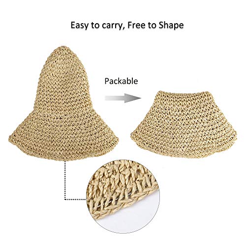 Sombrero de Paja de las Mujeres, Playa de Verano Sombrero de Sol Plegable Gorra de sol de ala ancha Señora Trenzado para viajes Decoración Vacaciones, Suave Transpirable (Beige)