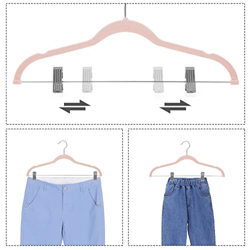 SONGMICS 12 Perchas para Pantalón de Terciopelo de 42,5 cm, con Clips Ajustables, Resistentes, Antideslizantes, Ahorran Espacio, Faldas, Abrigos, Vestidos, Camisetas de Tirantes, Rosado Ligero CRF12PK